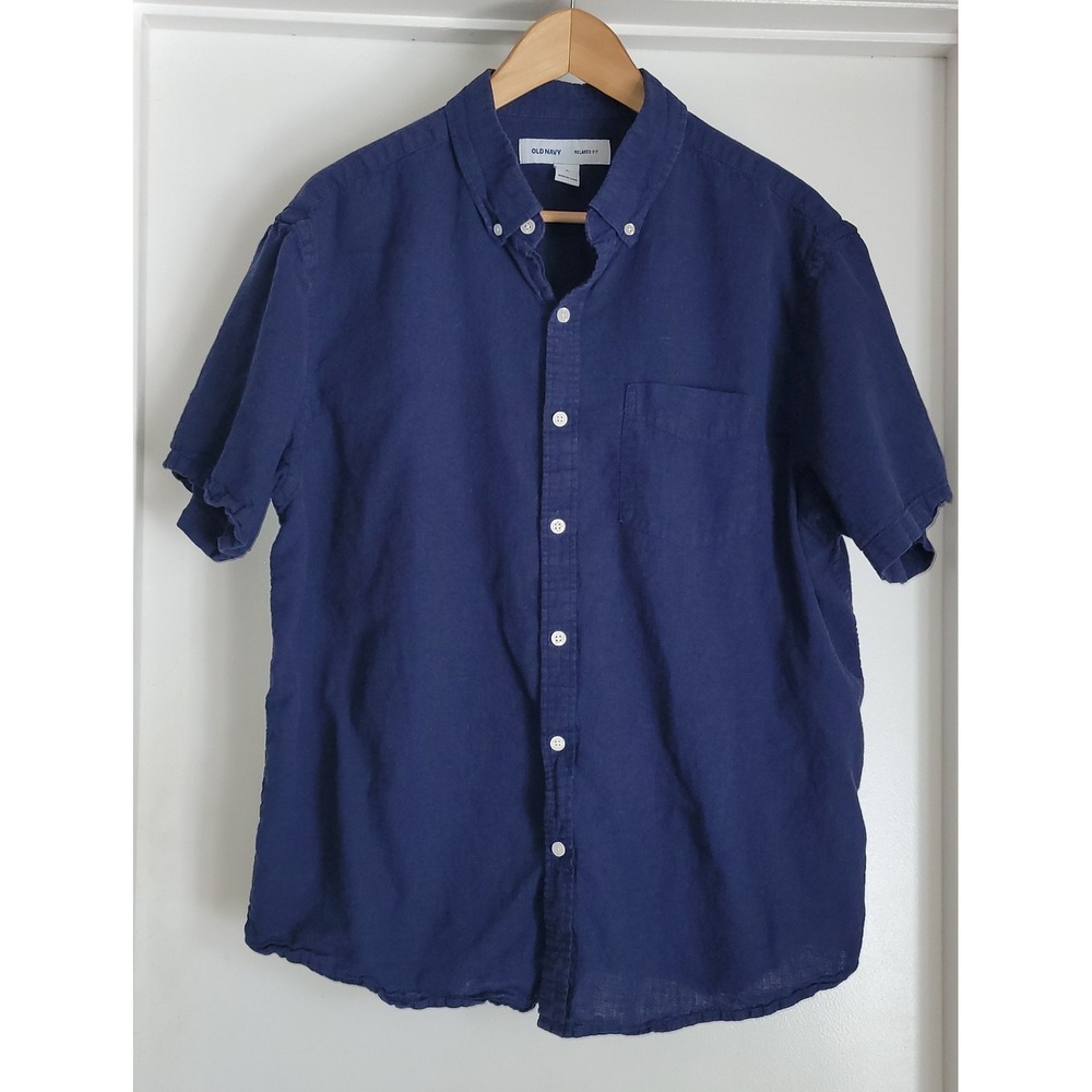 Old Navy Men's Button-Down Shirt XL Casual Blue Linen Cotton Blend